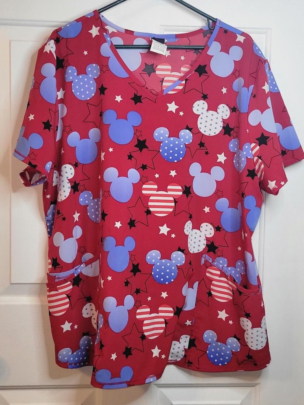 Disney Scrubstar Women's Plus Size 2XL Patriotic American Mickey Mouse V-Neck Sc